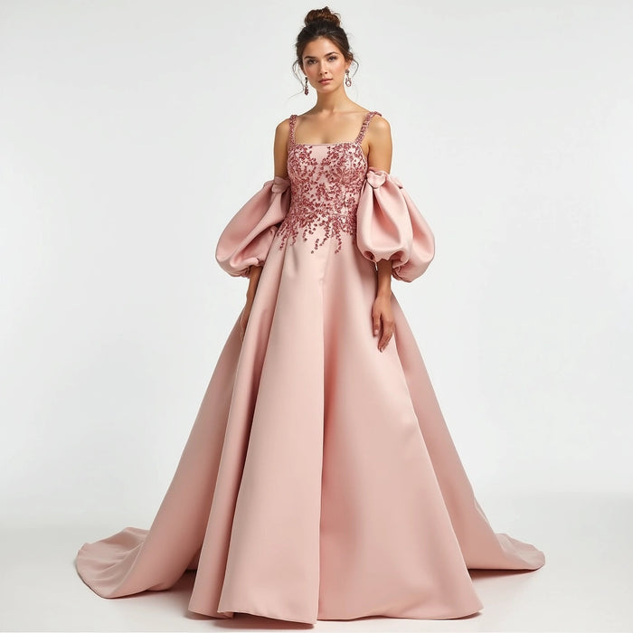 Embellished Pink A-Line Gown with Detachable Satin Sleeves