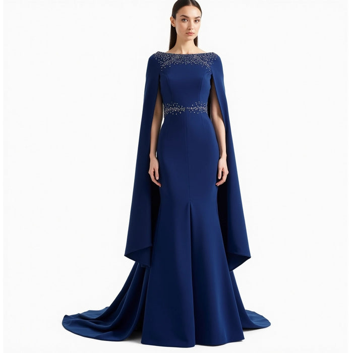 Embellished Cape-Sleeve Blue Gown with Boat Neckline