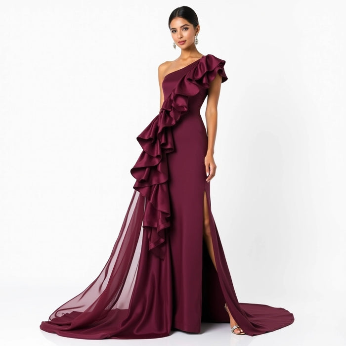 One-Shoulder Mauve Gown with Draped Ruffle and Side Train