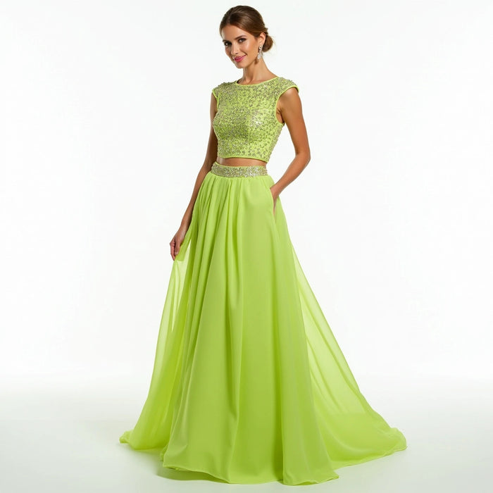 Beaded Cap-Sleeve Top and Flowing A-Line Skirt Gown