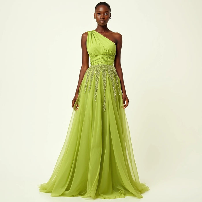 Draped One-Shoulder Bodice Gown with Beaded A-Line Skirt