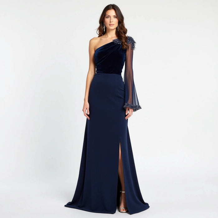 Starry Veil – One-Shoulder Velvet & Sheer Sleeve Gown