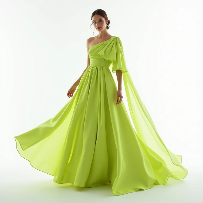 Draped One-Shoulder Gown with Flowing Cape Sleeve