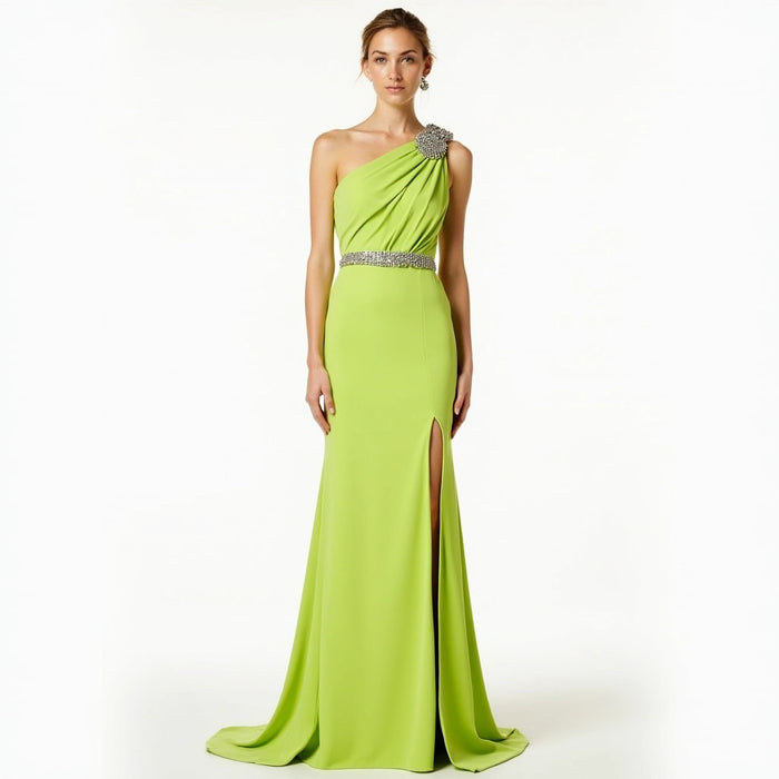 Embellished One-Shoulder Draped Gown with Front Slit