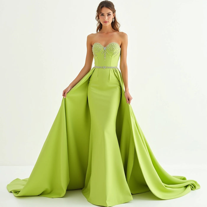 Strapless Embellished Gown with Dramatic Draped Sleeve