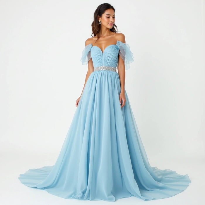 Sweetheart Sky Blue Gown with Sheer Sleeves and Embellished Waist