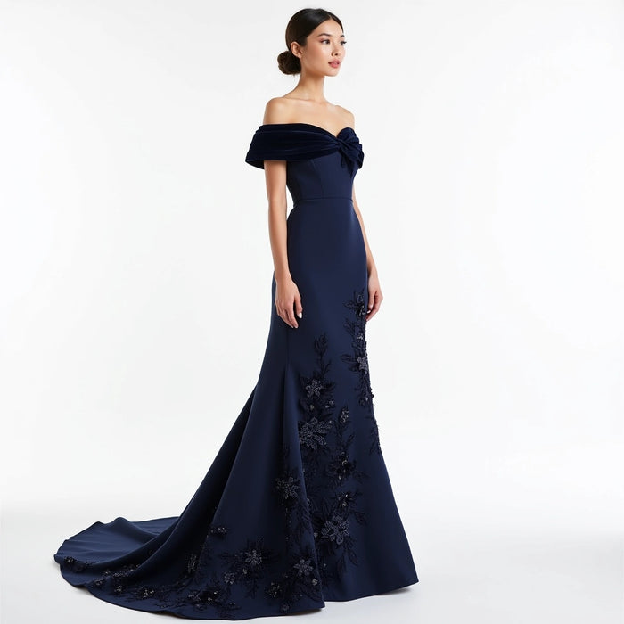 Midnight Bloom – Off-Shoulder Embroidered Gown