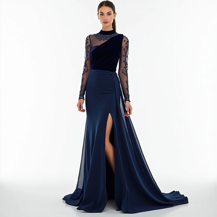 Midnight Majesty – Velvet & Sheer Embellished Gown