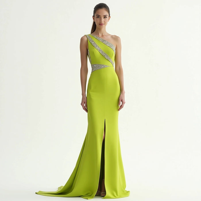 Asymmetric One-Shoulder Gown with Crystal Trim and Front Slit