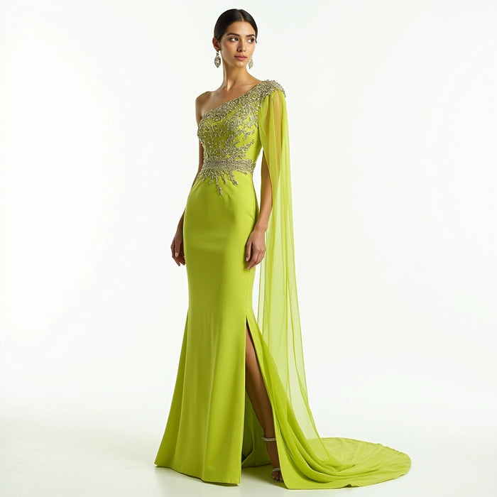 Embellished One-Shoulder Gown with Cape Sleeve