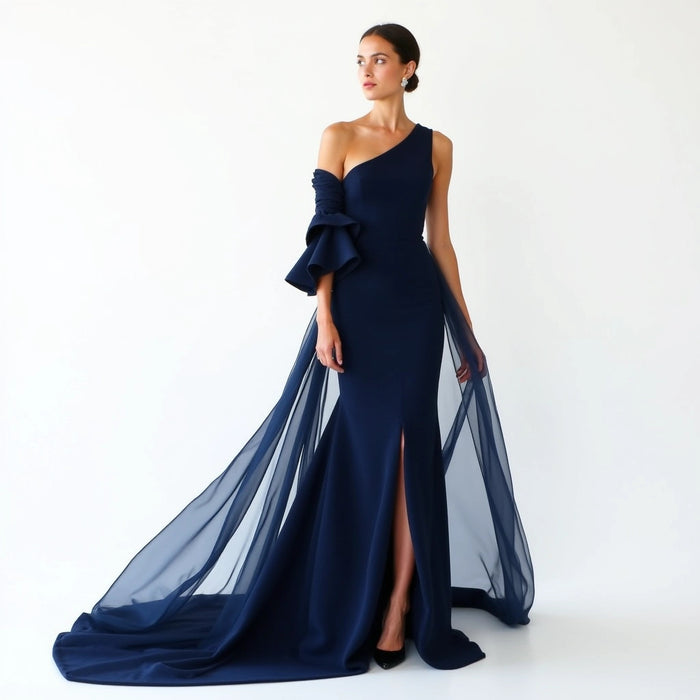 Eclipse Royale – Asymmetrical One-Shoulder Gown with Flowing Train