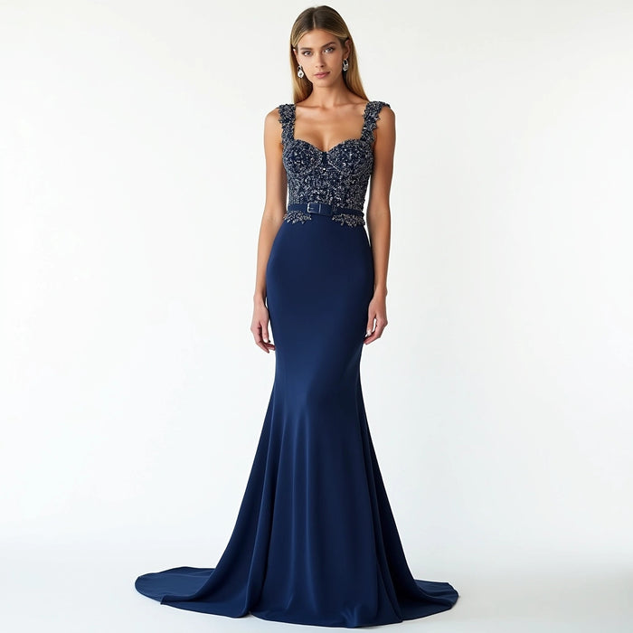 Embellished Square-Neck Blue Gown with Belt and Train