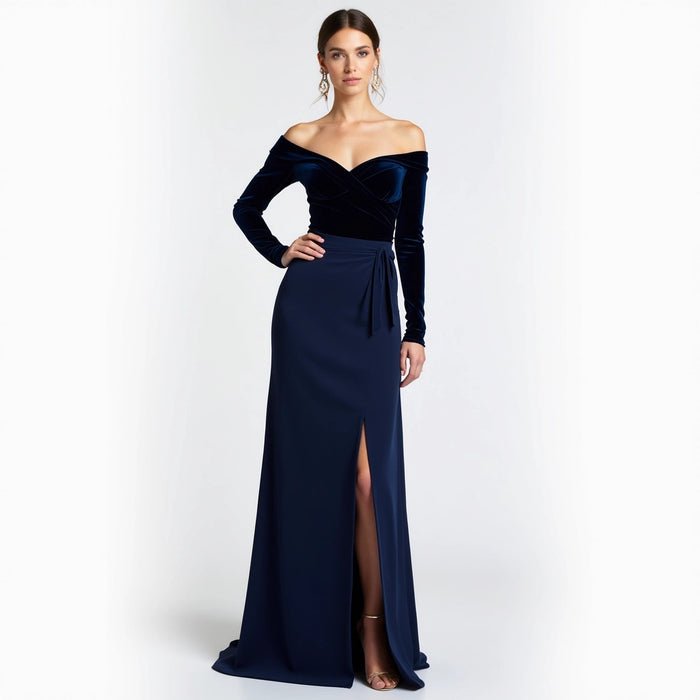 Midnight Allure – Off-Shoulder Velvet & Crepe Gown