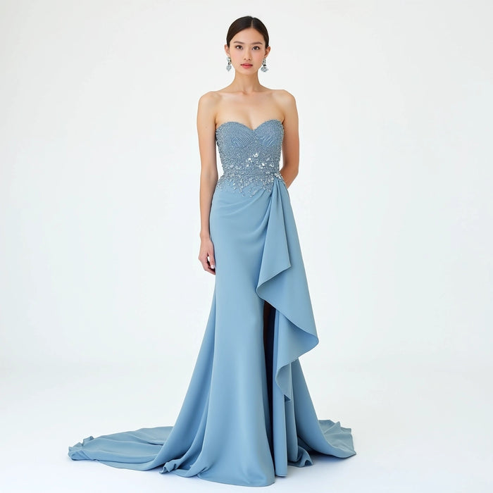 Strapless Embellished Sky Blue Gown with Sculptural Side Detail