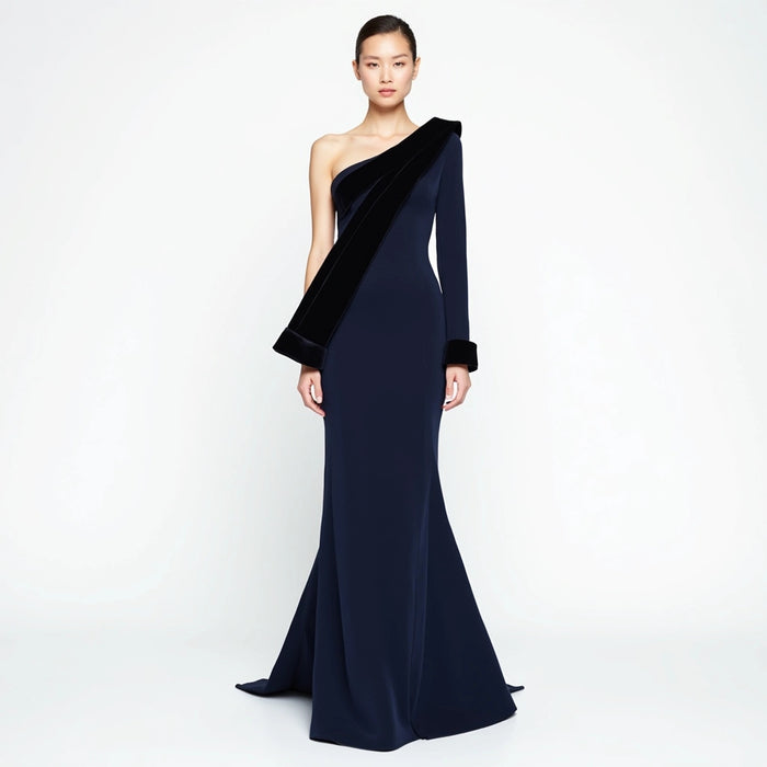 Eclipse Elegance – Asymmetrical Velvet-Trim Gown